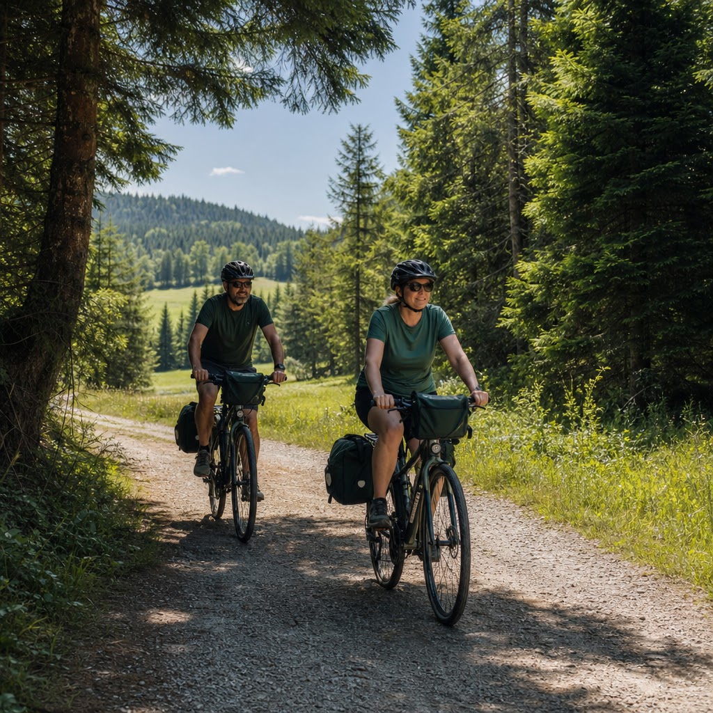Cyklisté na lesní cyklotrase v Národním parku Šumava