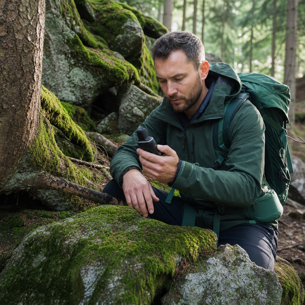 Hledání keše s GPS v šumavském lese