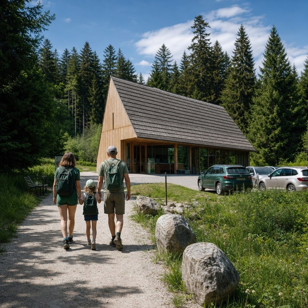 Rodina před návštěvnickým centrem NP Šumava na Kvildě