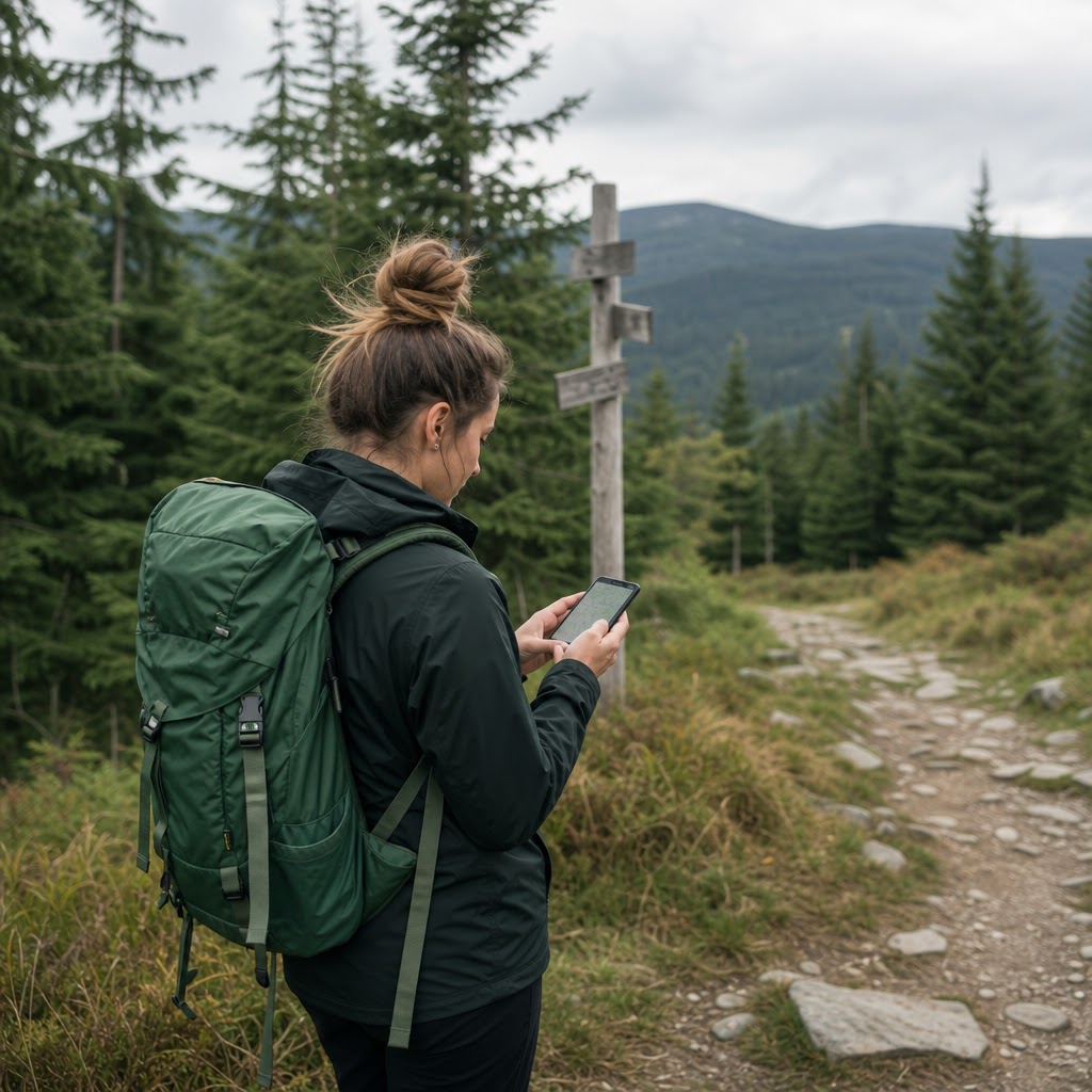 Turista kontroluje souřadnice v mobilu